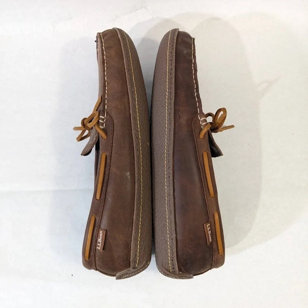 LL Bean Mens Leather Moccasin Slippers Brown Plaid Flannel Lined Size 12